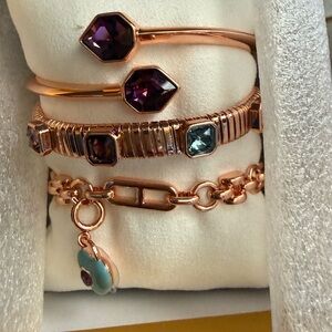 Rose Gold Bracelet Stack with Purple and Teal Stone Accents